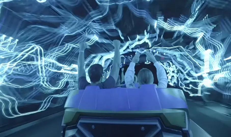 A couple is taking a ride at the EPCOT Guardians of the Galaxy: Cosmic Rewind