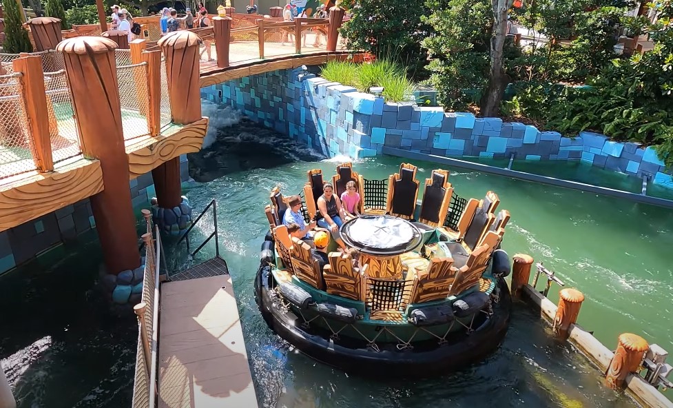 Group of people on a boat in a theme park