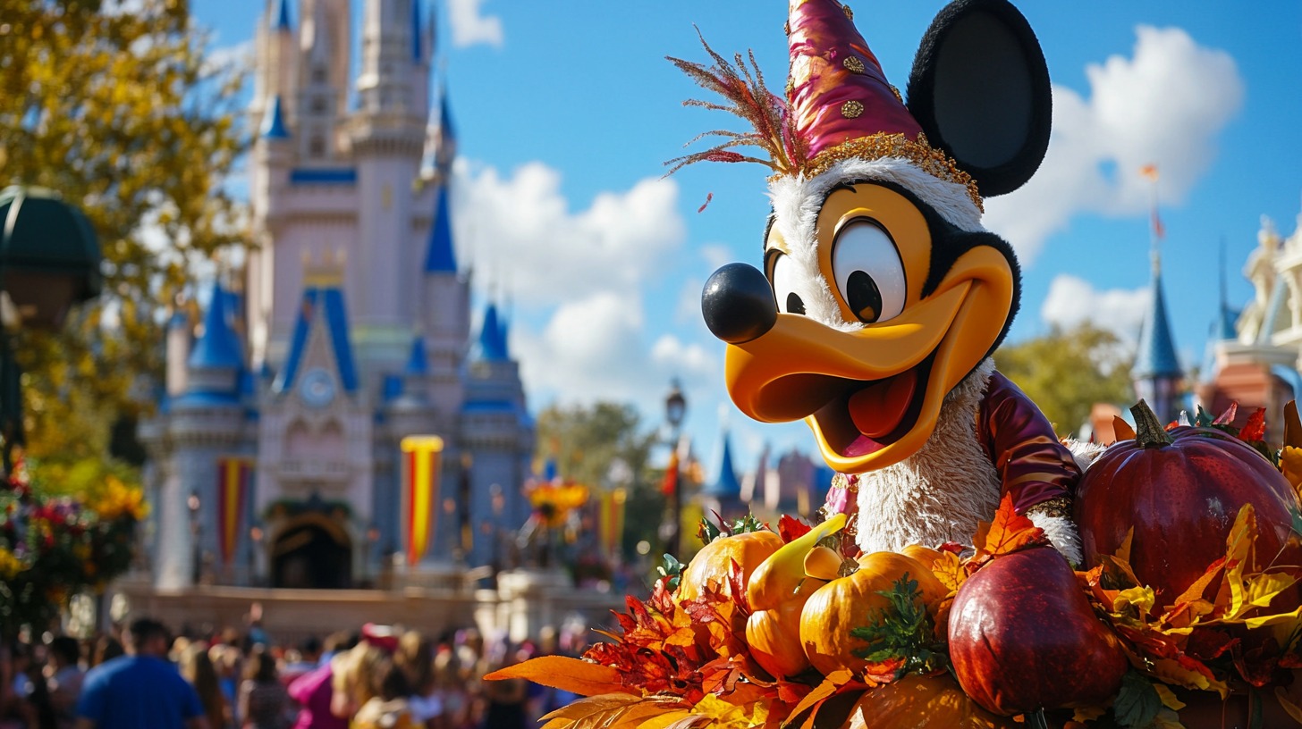 Mickey Mouse in a festive outfit, surrounded by pumpkins and autumn leaves at Disney World, with the castle visible in the background