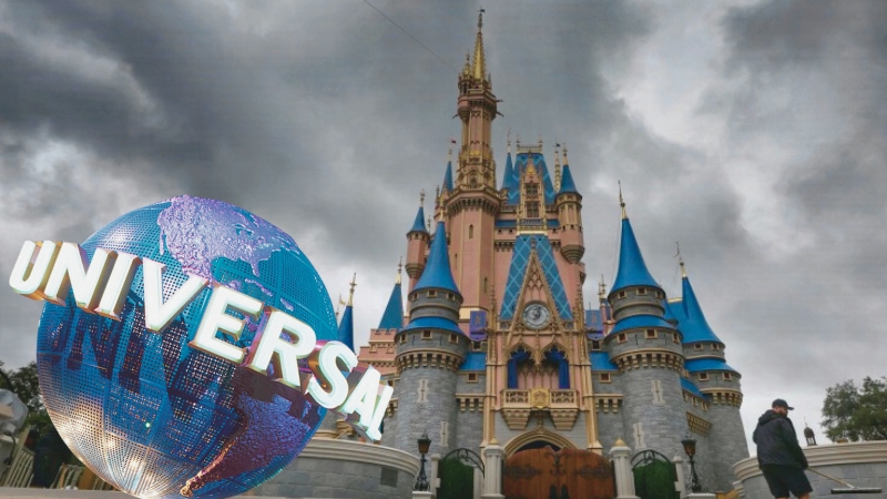 A Stormy Sky Over Disney's Castle and Universal's Globe Logo, Symbolizing the Reopening Efforts by Disney and Universal After the Hurricane