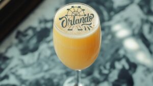 glass filled with orange mimosa, featuring a logo that reads "Orlando" with a ferris wheel design, set against a softly blurred background