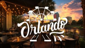 Outdoor restaurant seating in Orlando with a sunset view of the skyline, featuring palm trees and a relaxing atmosphere, with "Orlando" written over the image