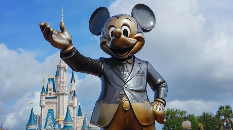 large bronze statue of Mickey Mouse dressed in a suit, smiling and waving, with Cinderella's Castle in the background