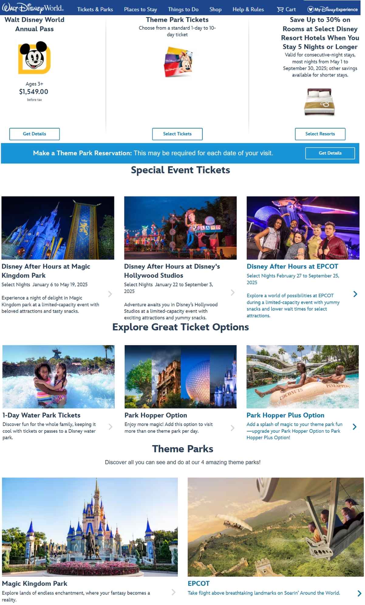 Screenshot of the Walt Disney World ticket options page