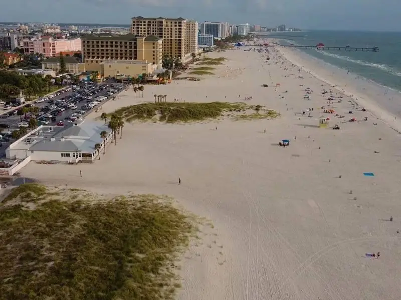 Wide sandy beach with oceanfront hotels